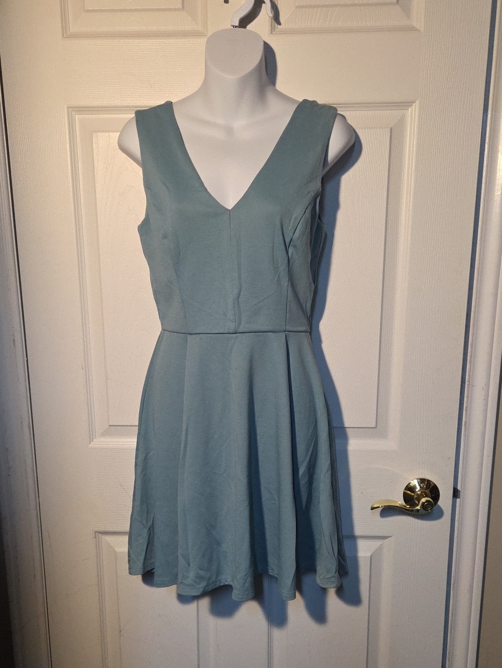 H&M V-Neck Sleeveless Skater Dress in Sage Teal Blue Green Sz S
